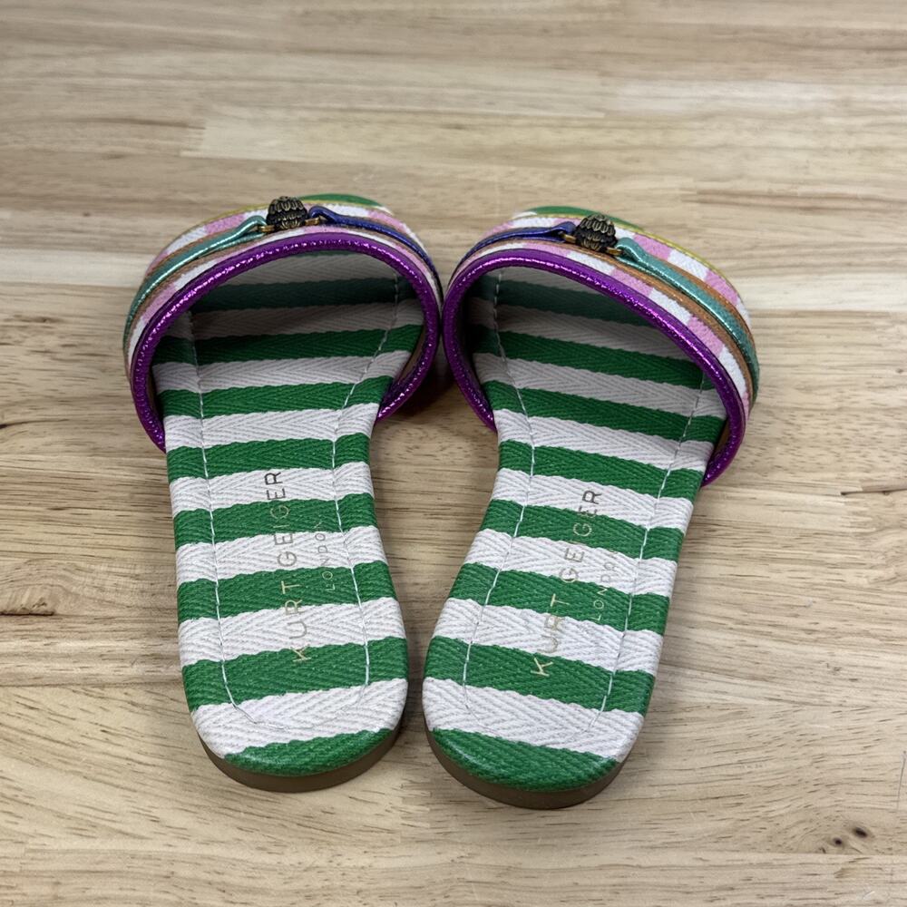 Kurt Geiger London Women's Southbank Fabric Stripe Flat Sandals Green Comb Sz 6 - Picture 3 of 12